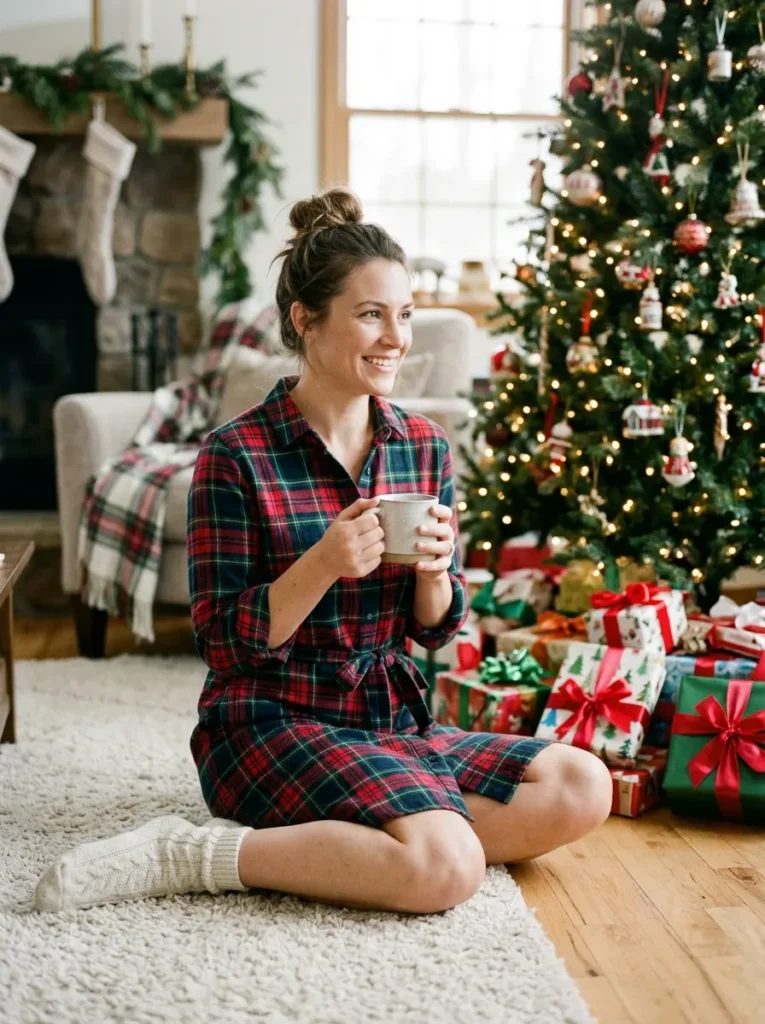 Plaid Flannel Shirt Dress for Christmas Morning