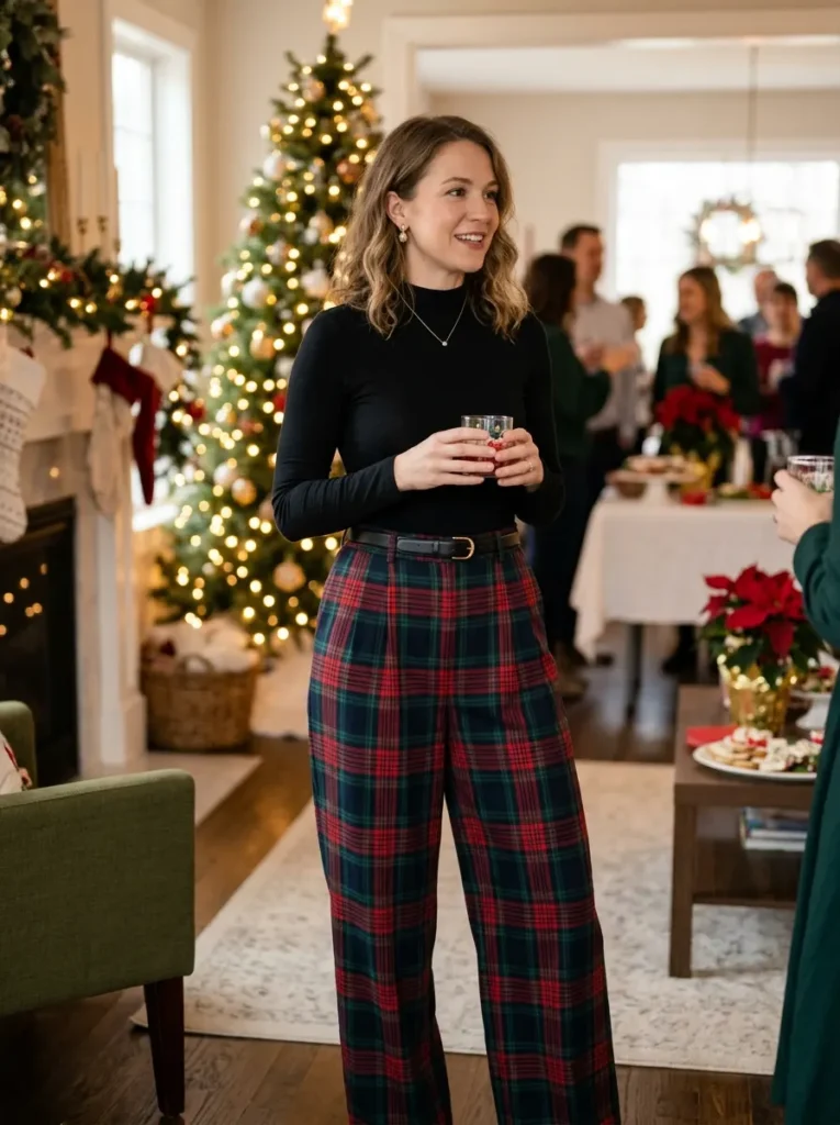Plaid Wide-Leg Trousers and Black Bodysuit for a Christmas Open House