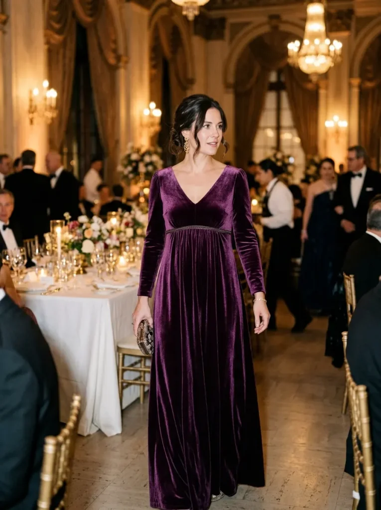 Plum Velvet Empire-Waist Dress for a Big Dinner