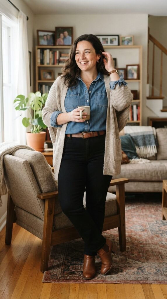 Plus Size Denim Shirt and Black Pants Outfit