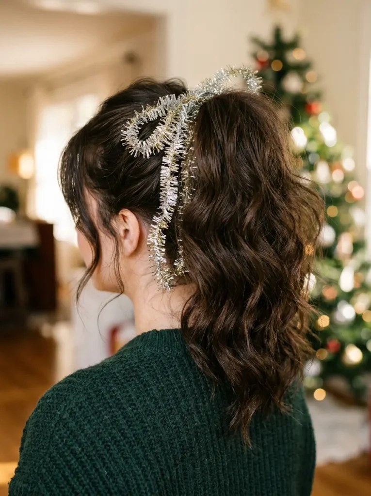 Poofy High Ponytail with a Tinsel Ribbon