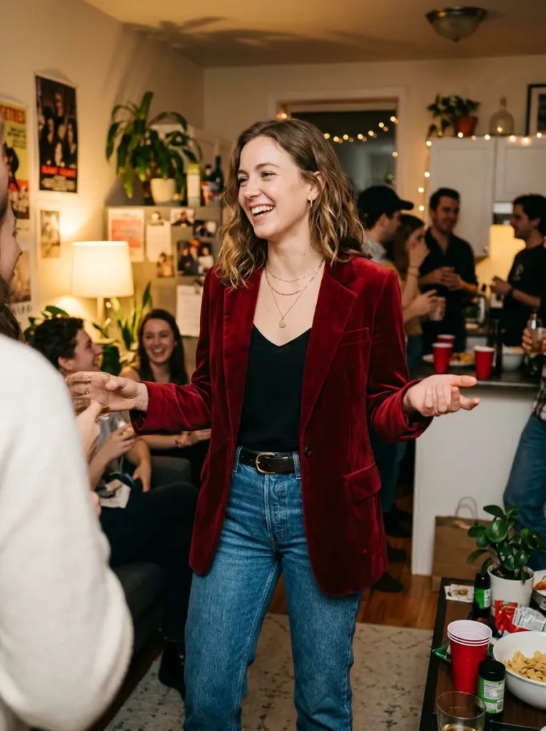 Red Velvet Blazer and Straight-Leg Jeans for a House Party