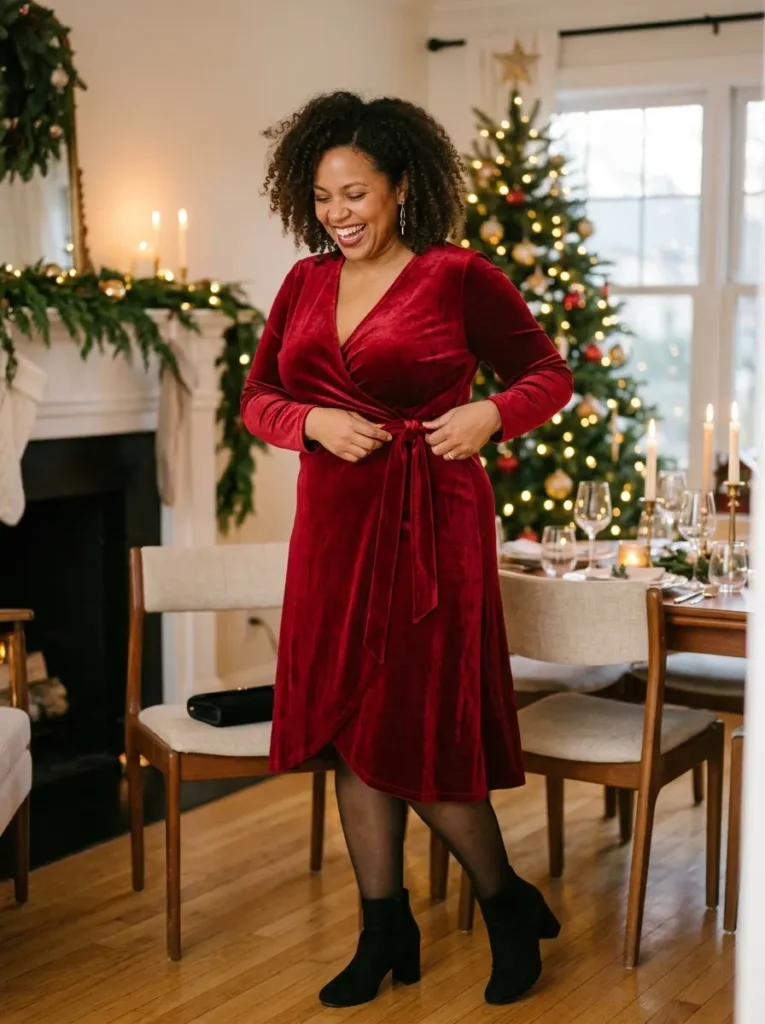 Red Velvet Wrap Dress with Black Tights and Suede Boots