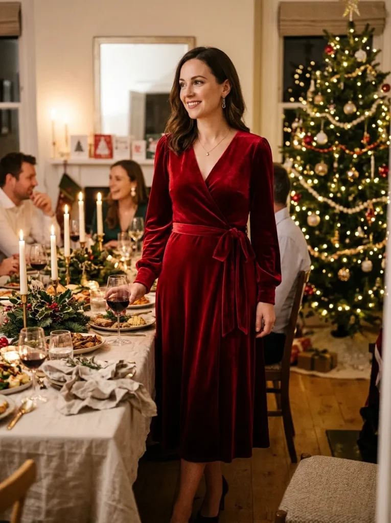 Red Velvet Wrap Midi for Christmas Dinner