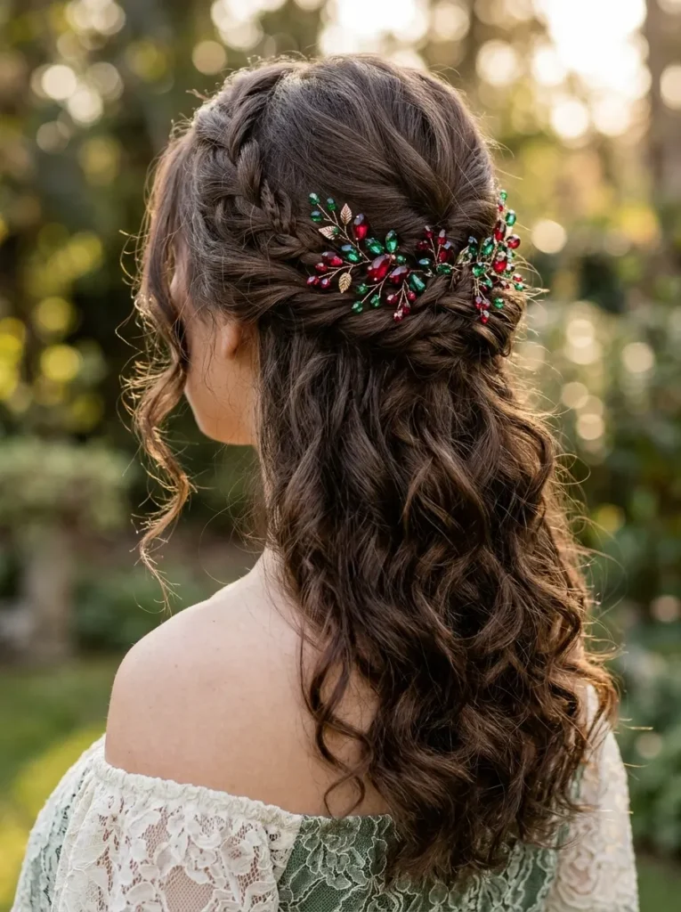 Romantic Half-Up Curls With Red and Green Crystals