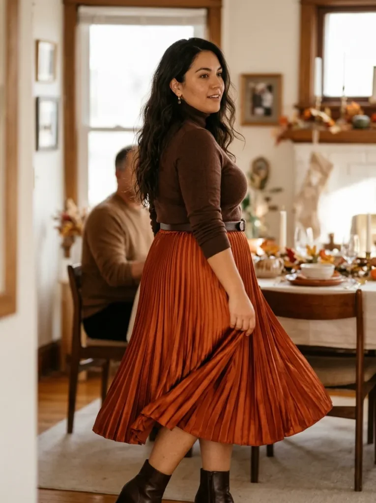 . Rust Midi Skirt with a Fitted Turtleneck