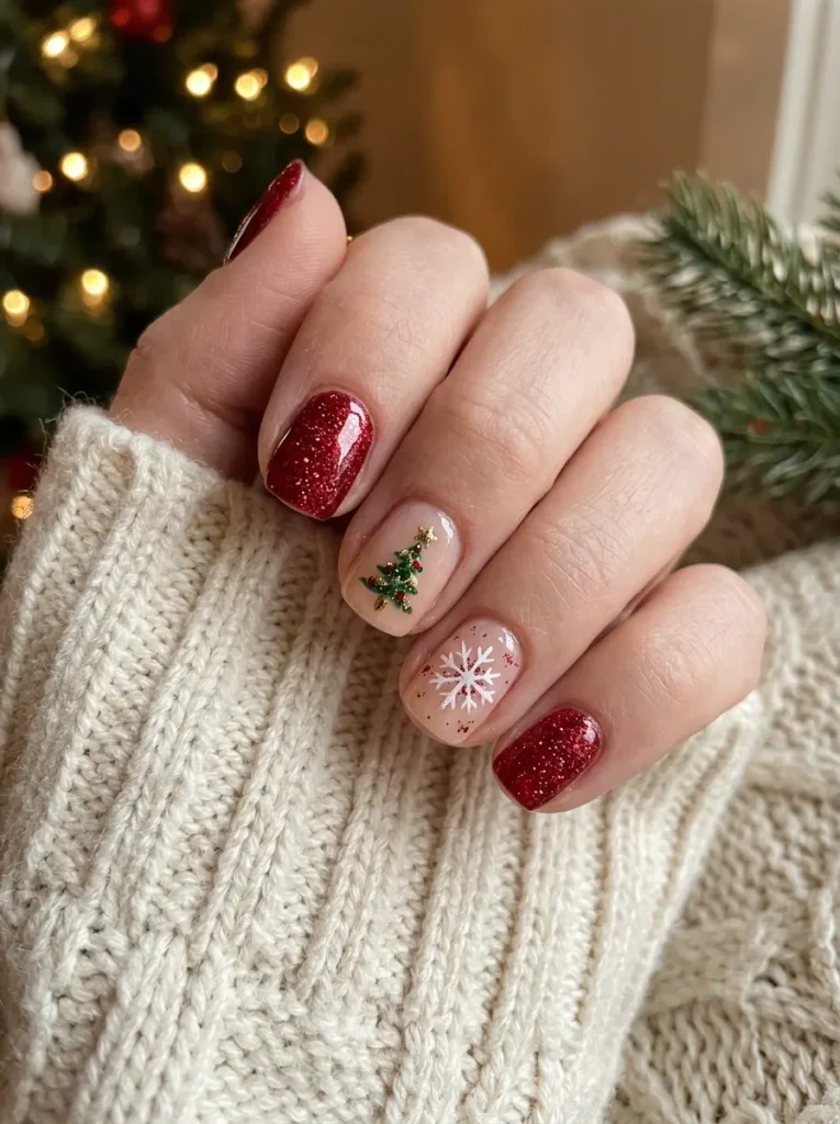 Short Christmas Nails With Red Glitter