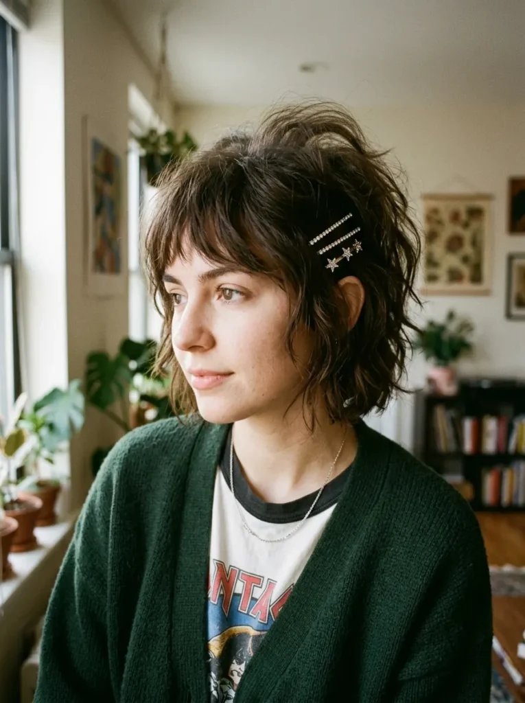 Short Shaggy Cut with a Teased Crown and Sparkle Clips