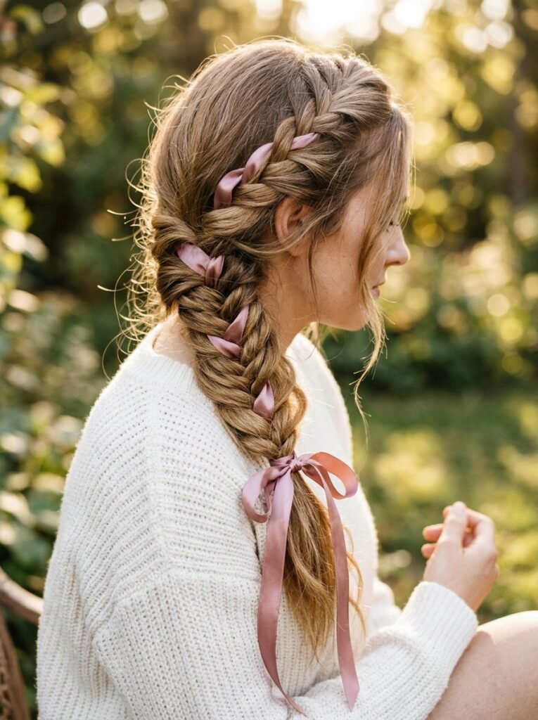 Side Fishtail Braid with a Satin Ribbon