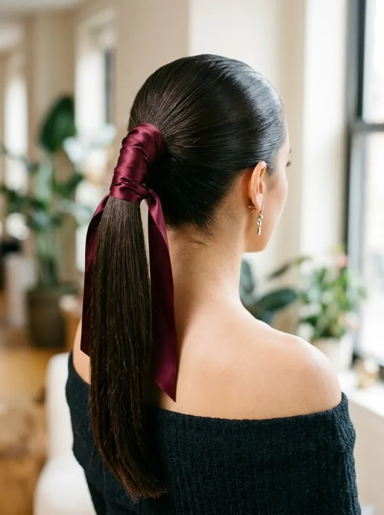 Sleek High Ponytail with a Wrapped Ribbon