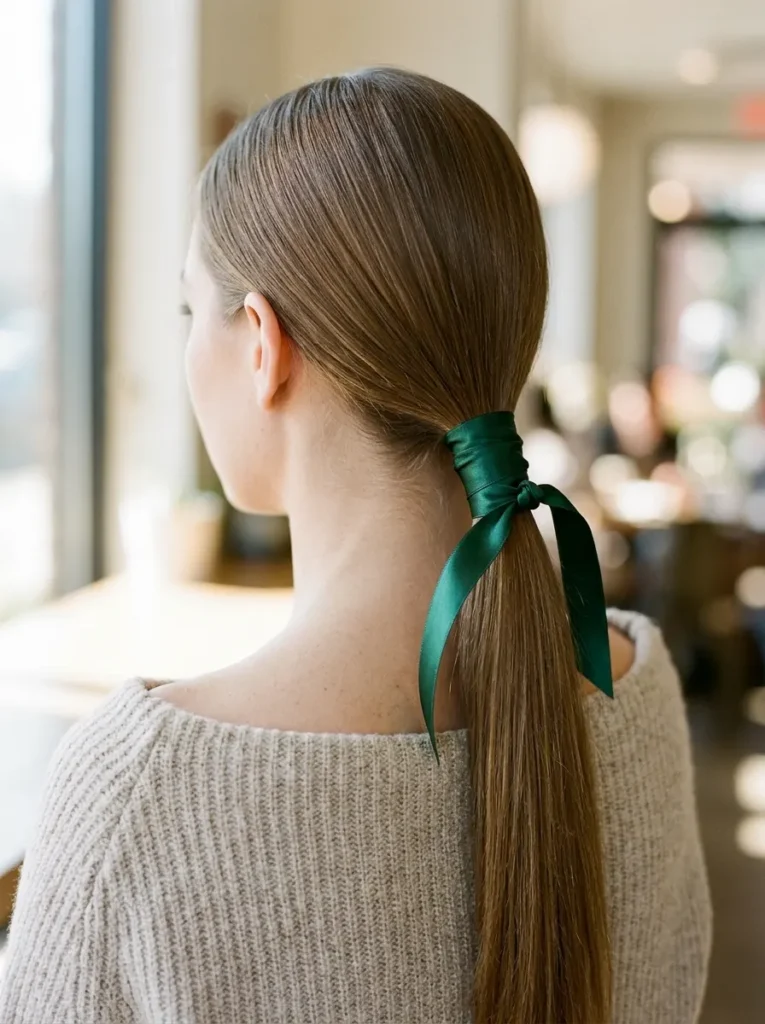 Sleek Low Ponytail with a Wrapped Satin Ribbon for Fine Hair