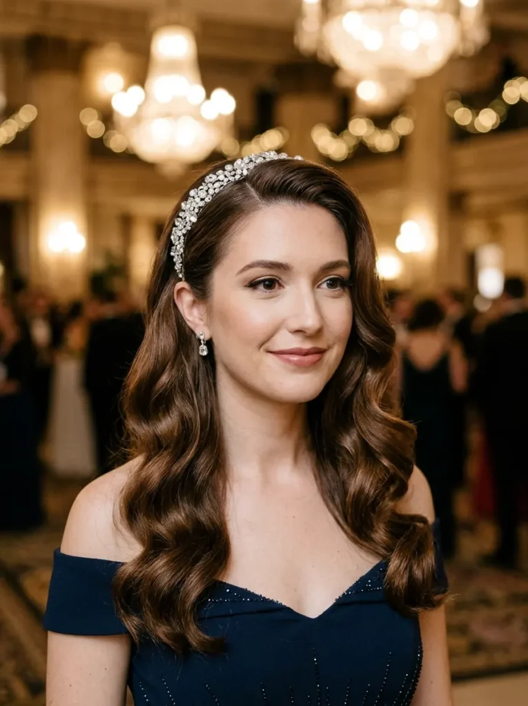 Soft Hollywood Waves With a Crystal Headband