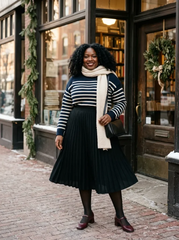 Striped Sweater With a Pleated Midi Skirt