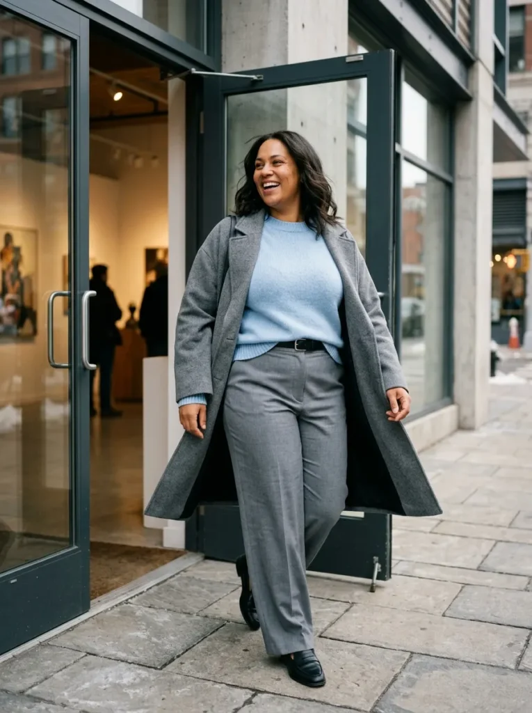 Style Gray Trousers With a Soft Blue Sweater