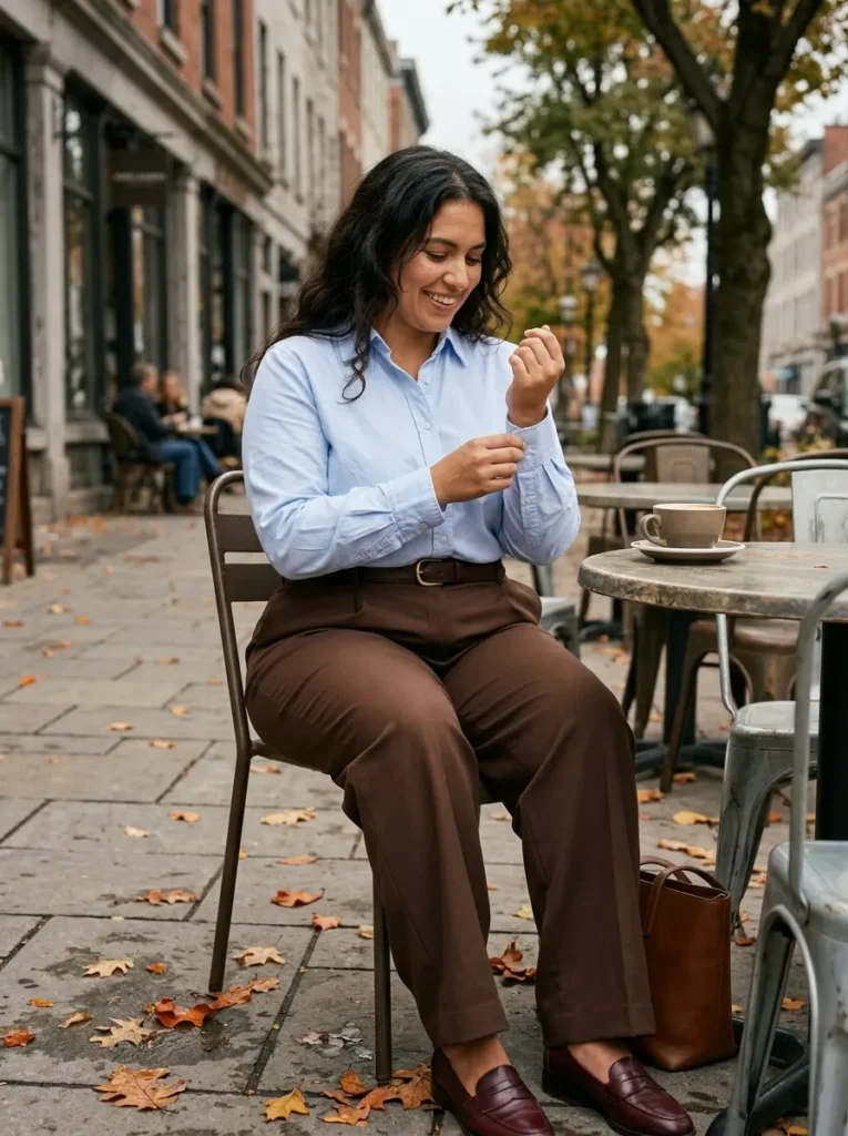 Style a Blue Button-Down With Chocolate Trousers