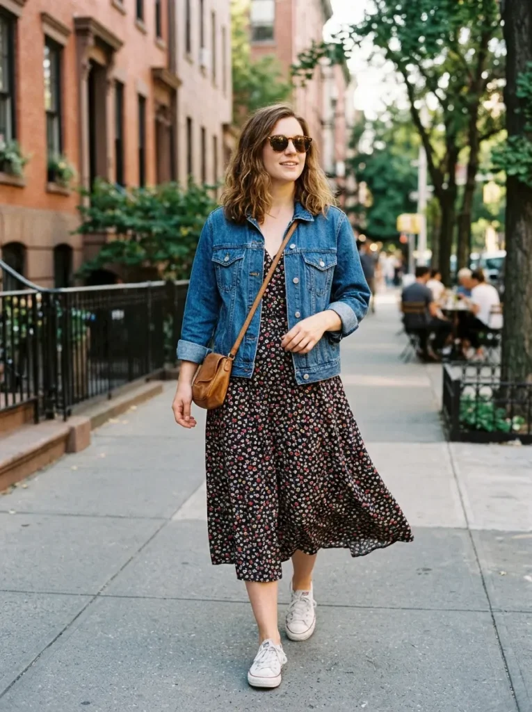 Style a Floral Midi Dress with a Denim Jacket