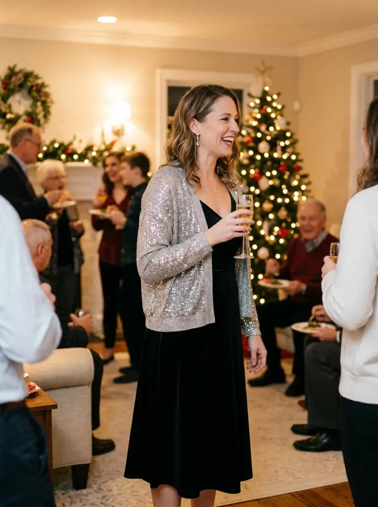 Sparkly Cardigan over a Black Midi Dress for a Family Holiday Party