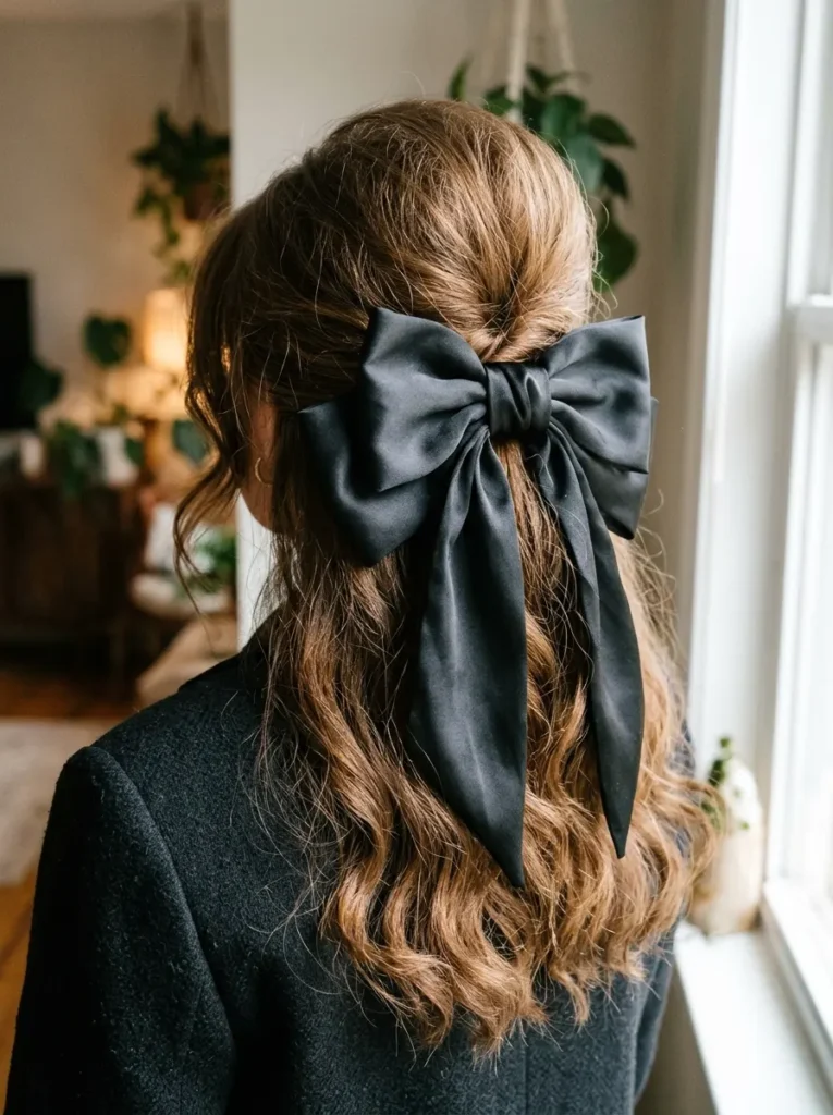 Current image: Teased Half-Up with a Giant Satin Bow