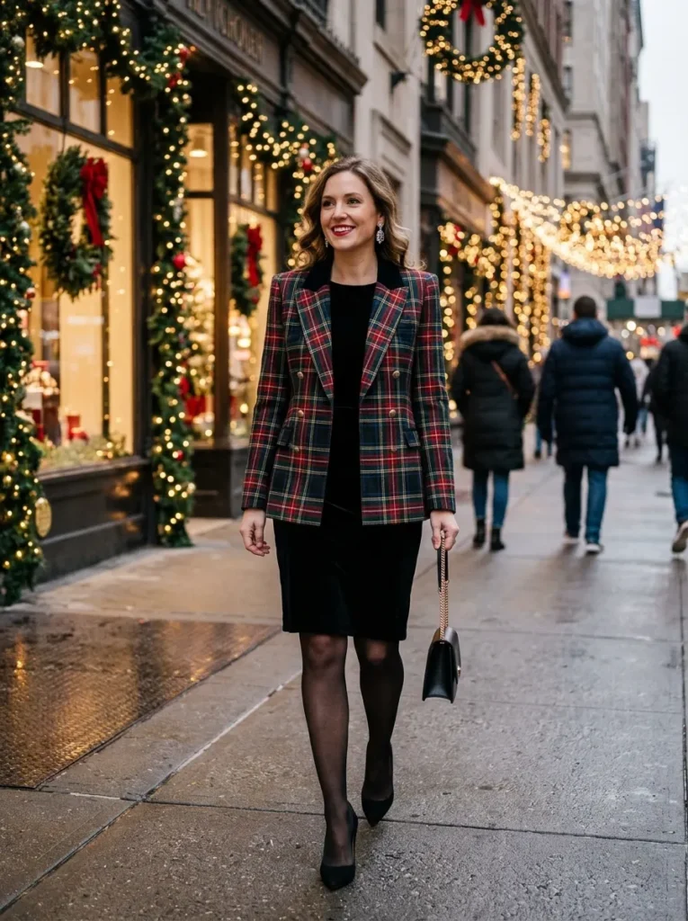 The Festive Plaid Blazer and Black Dress