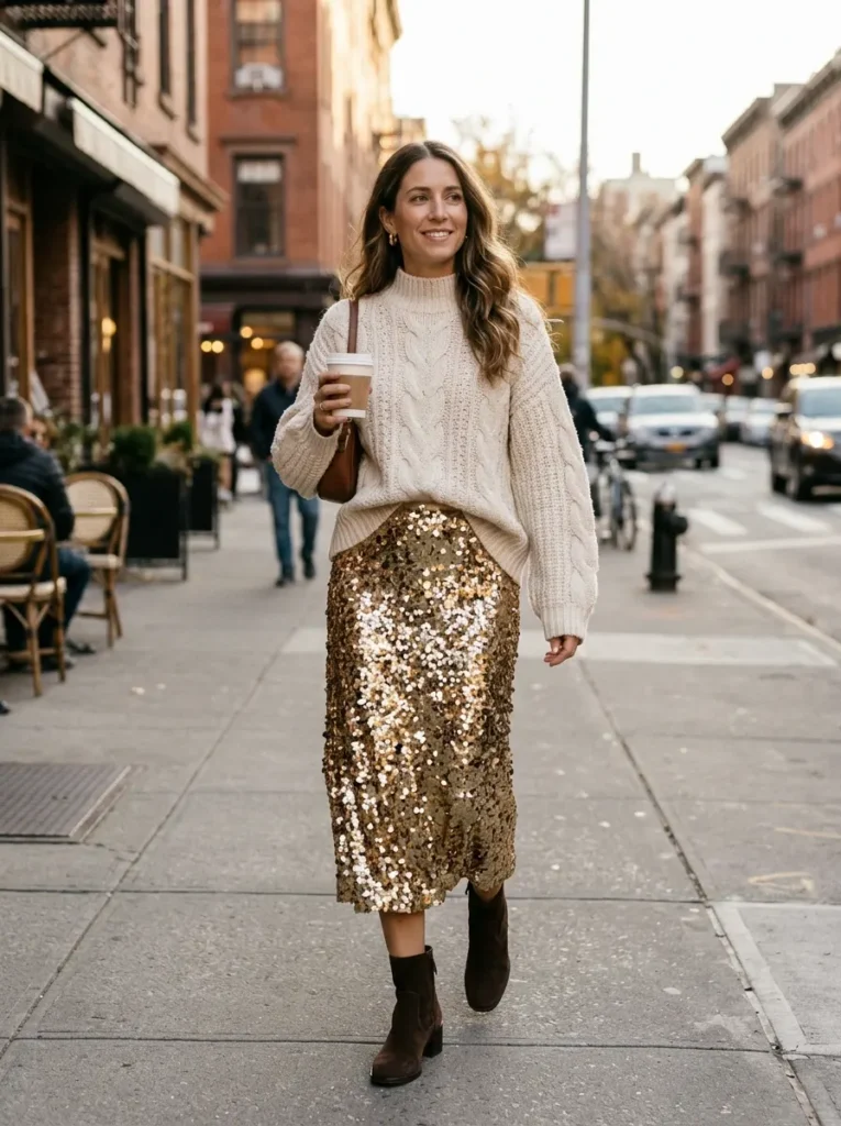 The Gold Sequin Skirt and Cozy Knit