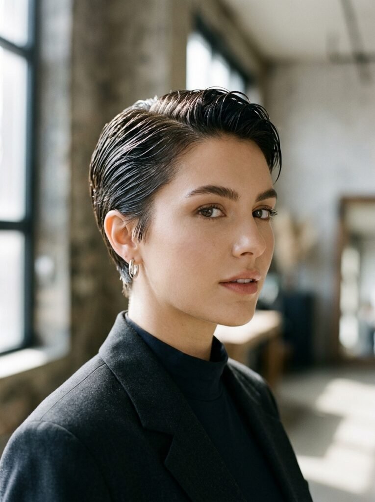 The Polished Wet-Look Pixie