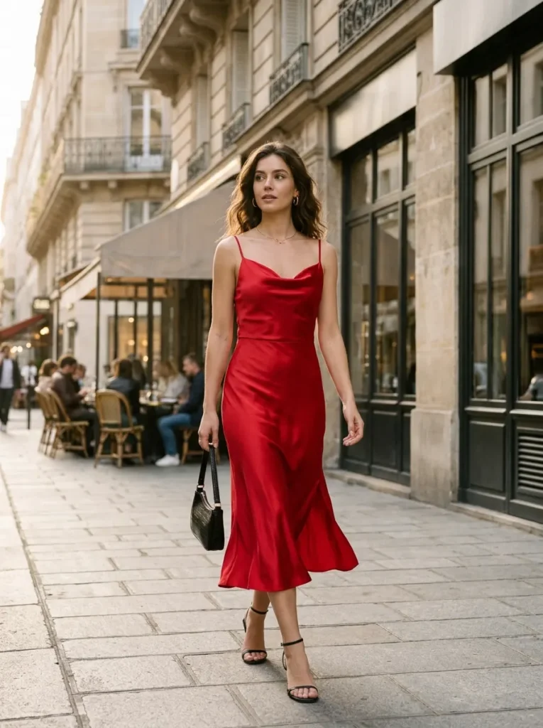 The Red Satin Midi Dress