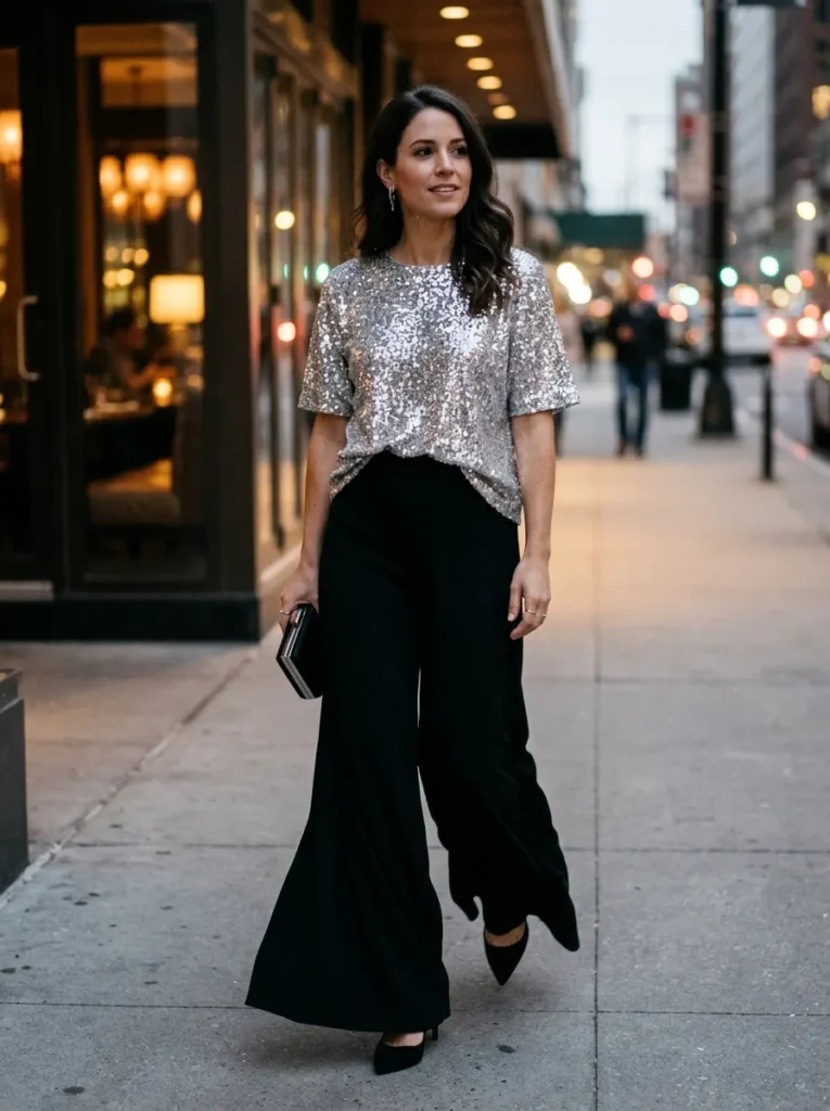 . The Silver Sequin Top With Wide-Leg Black Pants