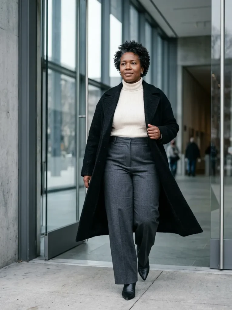 Try a Cream Turtleneck With Charcoal Trousers