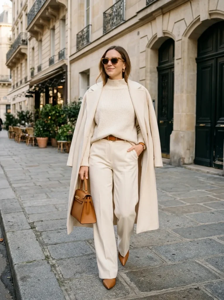 Try a Monochrome Cream Outfit with Tan Accessories