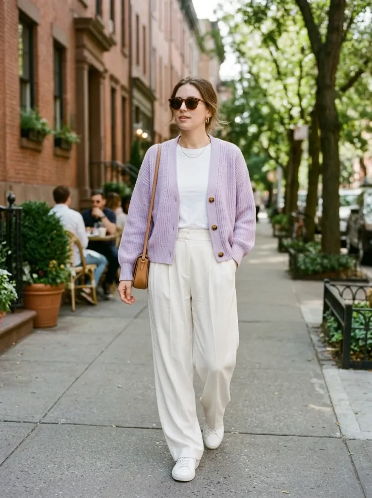 Try a Pastel Cardigan with Wide-Leg Trousers