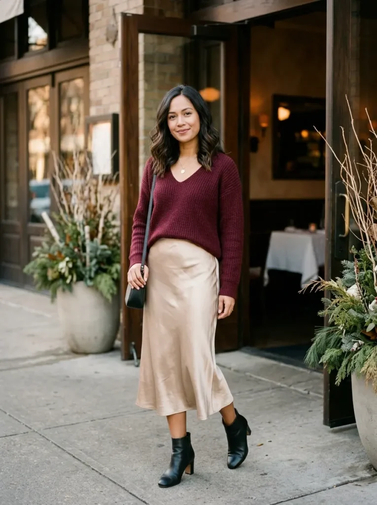 V-Neck Sweater With a Satin Midi Skirt