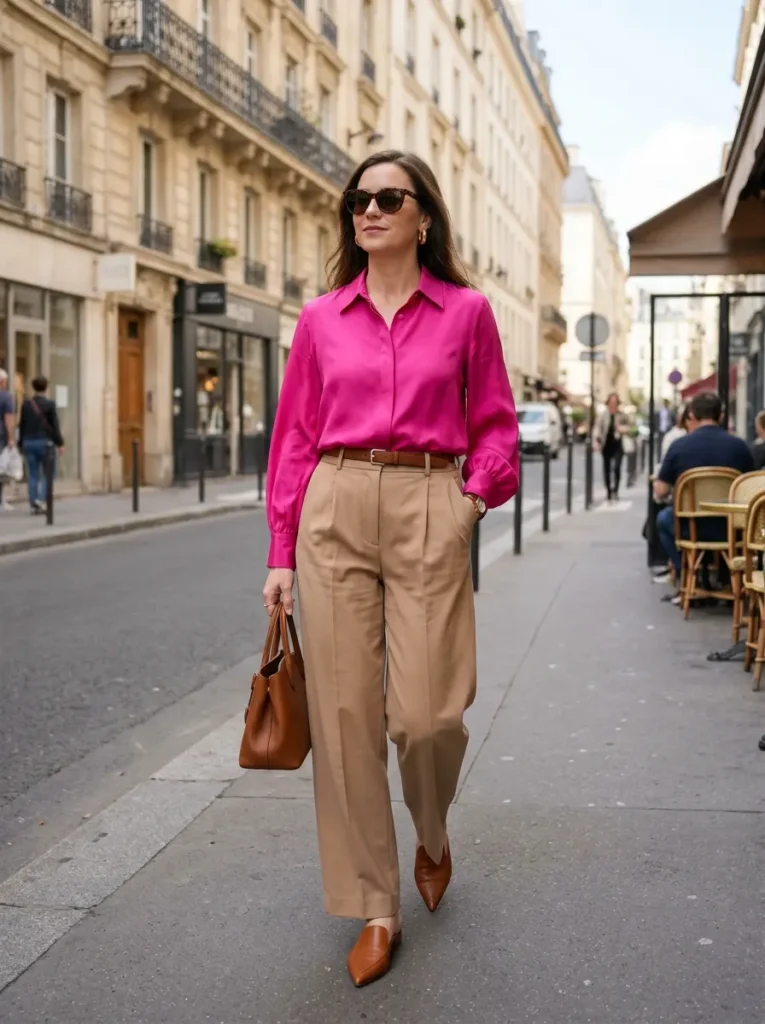 Wear a Bright Blouse with Neutral Trousers