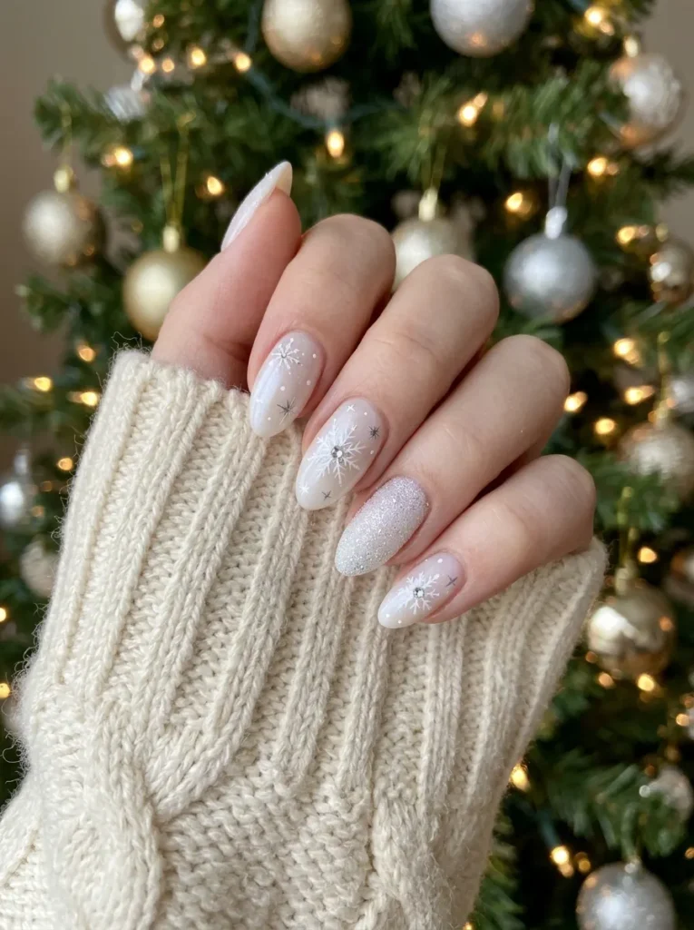 White Christmas Nails With Delicate Snowflakes