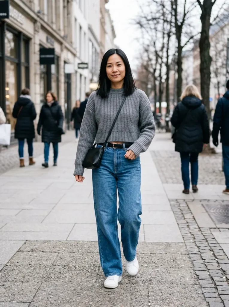 ropped Sweater With High-Rise Wide-Leg Jeans